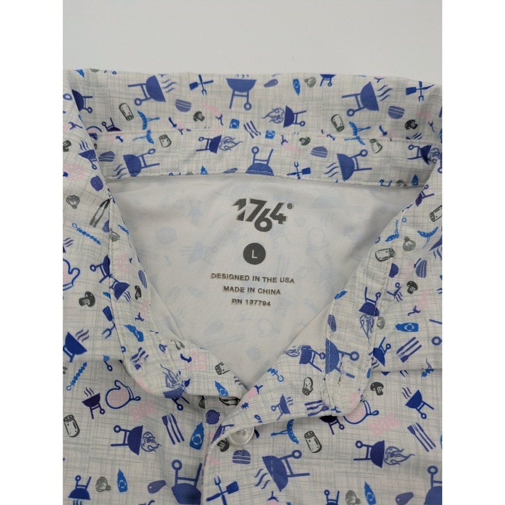 1764 Polo Shirt Men's Large Blue Lightweight Performance, All-Over Print BBQ - Picture 6 of 9